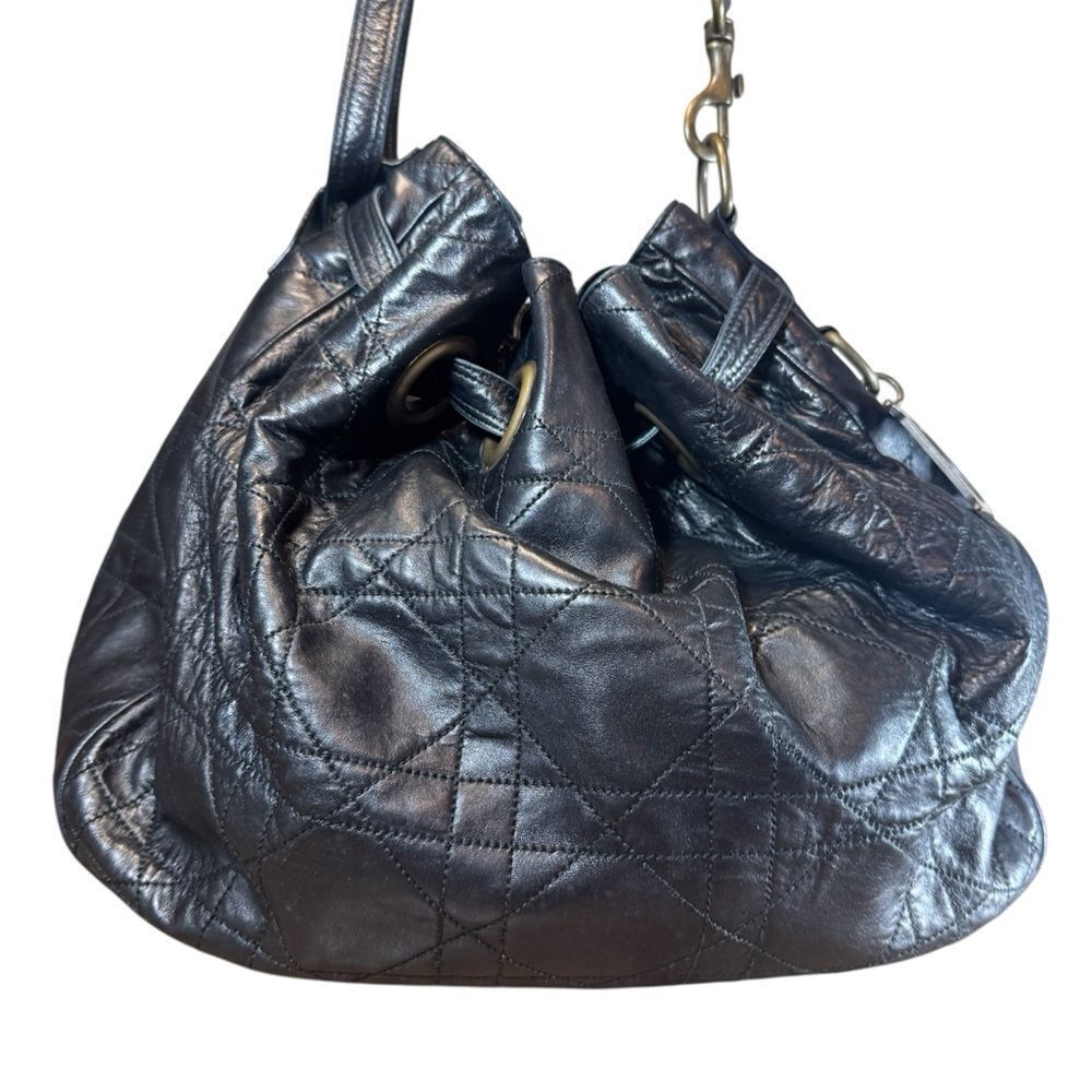 DIOR Black Quilted Cannage Leather Drawstring Hobo Bucket Shoulder Bag Auth Ex++ - Picture 4 of 16